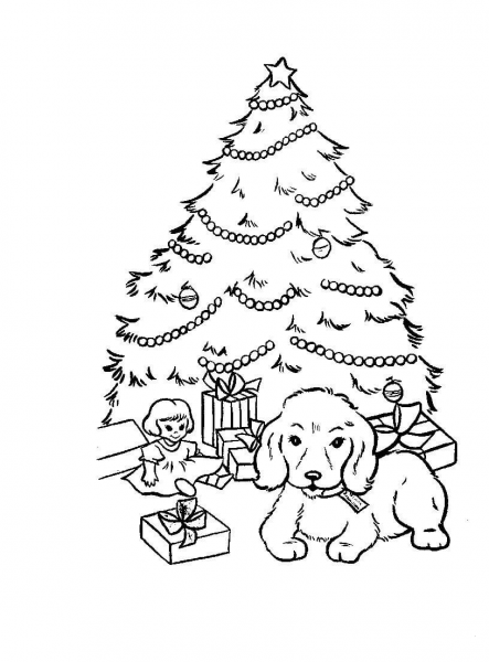 Christmas presents and gifts under Christmas tree coloring page image