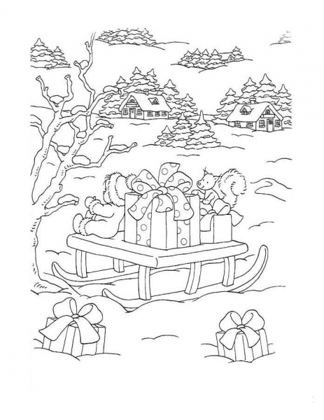 Christmas Sleigh with Gift Boxes coloring page image