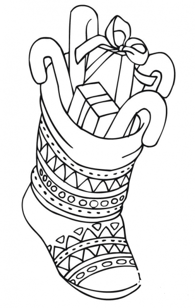 Christmas Stocking with Presents coloring page image