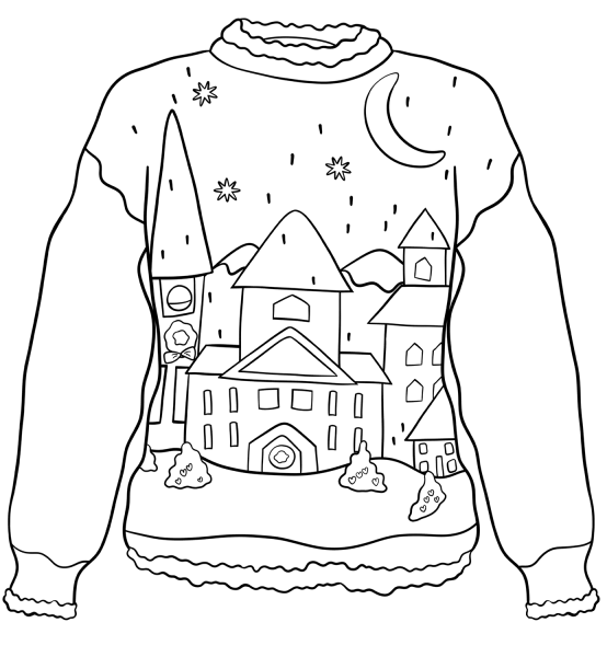 Christmas Sweater with Winter Town coloring page image