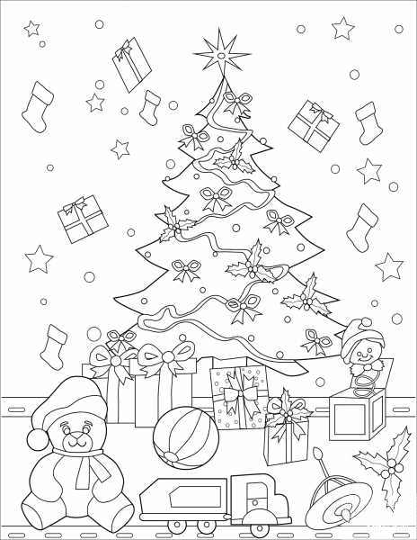 Christmas Tree and Presents coloring page image