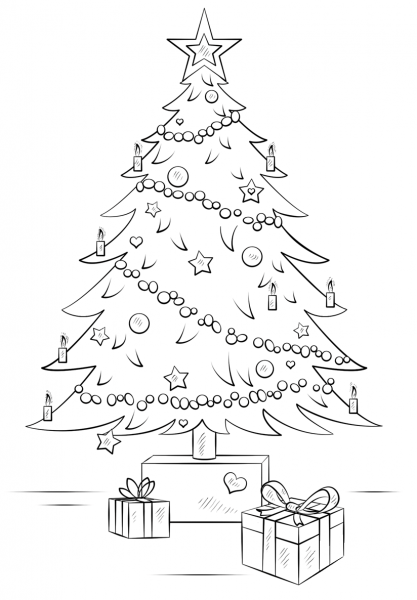 Christmas Tree with Gift Boxes coloring page image