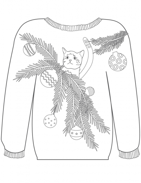 Christmas Ugly Sweater with a Cat in Branches Motif coloring page image