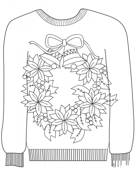 Christmas Ugly Sweater with a Christmas Wreath Motif coloring page image
