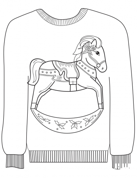 Christmas Ugly Sweater with a Rocking Horse Motif coloring page image