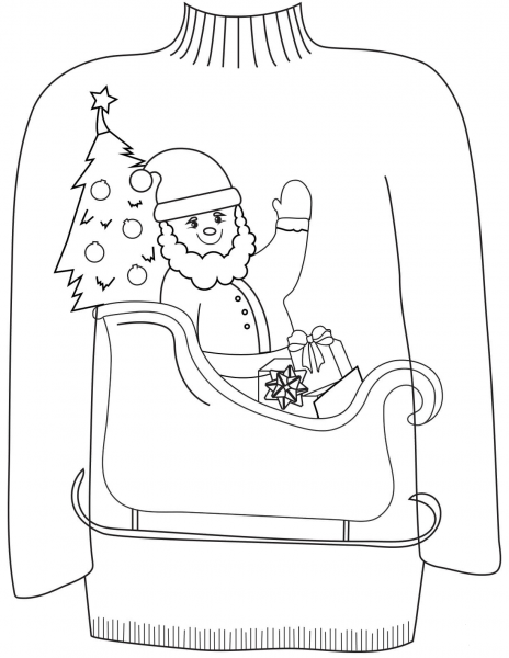 Christmas Ugly Sweater with a Sleigh of Santa Claus Motif coloring page image