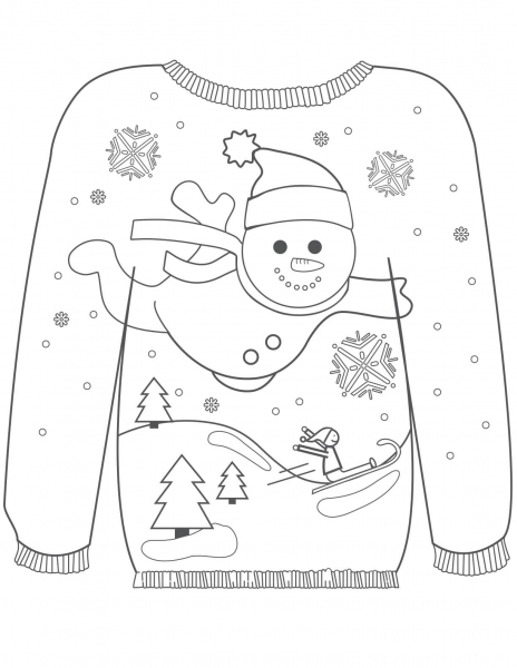 Christmas Ugly Sweater with a Snowman Motif coloring page image