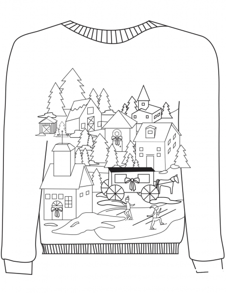 Christmas Ugly Sweater with a Village Motif coloring page image