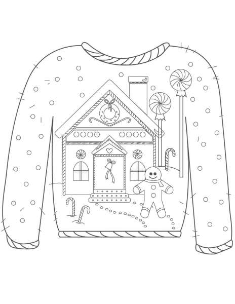 Christmas Ugly Sweater with Gingerbread Man Motif coloring page image