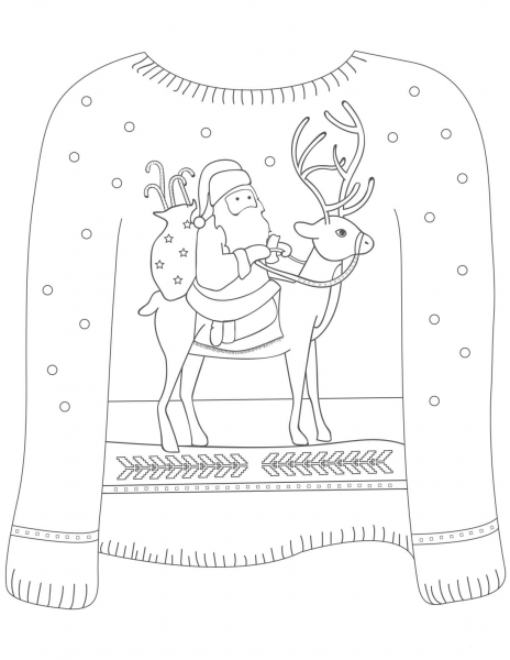 Christmas Ugly Sweater with Santa on Reindeer Motif coloring page image