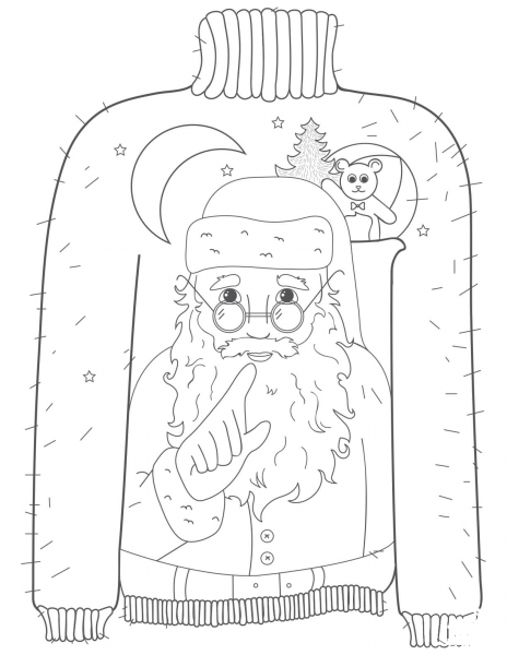 Christmas Ugly Sweater with Whispering Santa Motif coloring page image