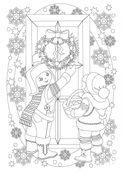 Christmas Wreath on the Door coloring page image