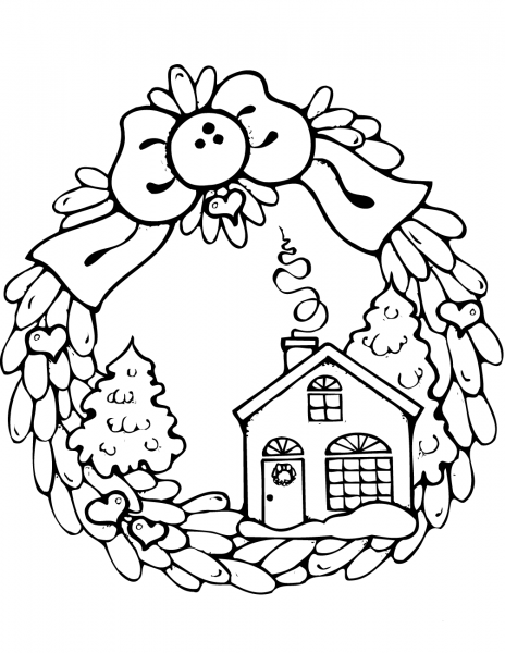 Christmas Wreath with Gingerbread House coloring page image