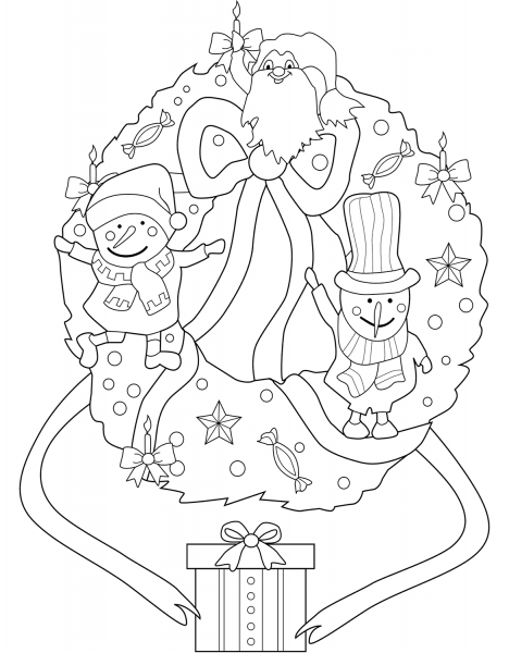 Christmas Wreath with Snowmen and Elf coloring page image