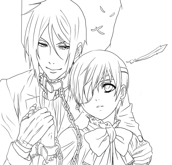 Ciel Phantomhive and Sebastian Michaelis from Kuroshitsuji coloring page image