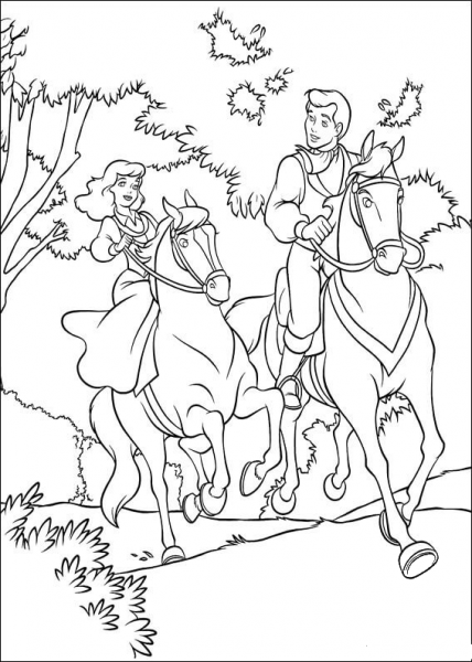 Cinderella And Prince Are Riding Horse Together  coloring page image