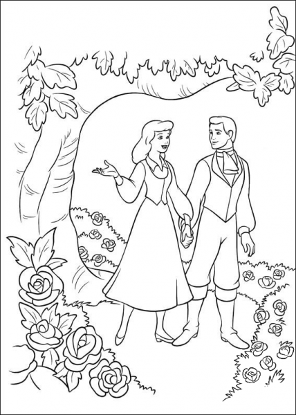 Cinderella And Prince Are Walking Together In The Garden  coloring page image