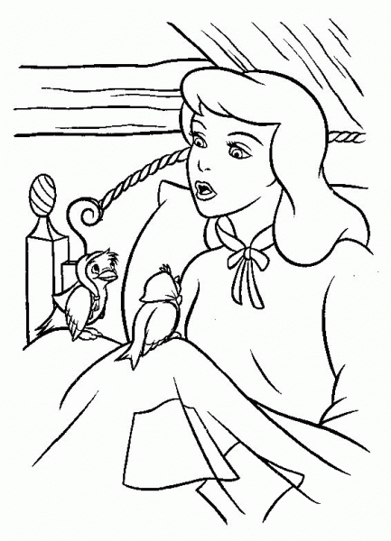 Cinderella And Two Birds  coloring page image