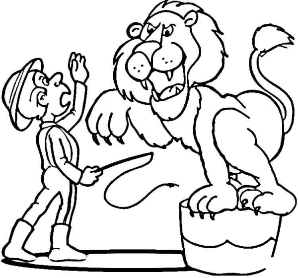 Circus Lion and Tamer coloring page image