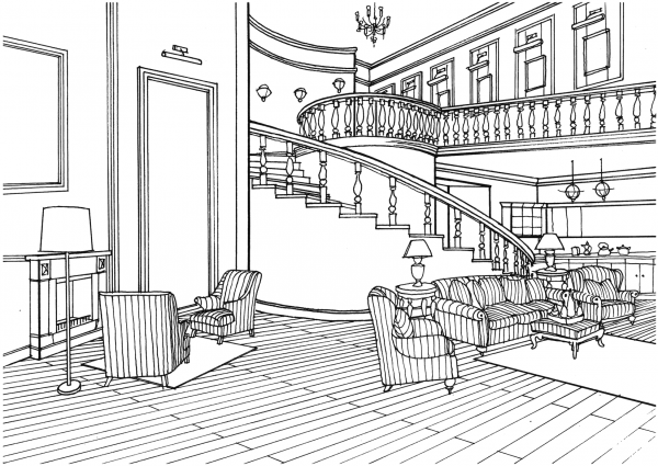 Classic Decor Large Living Room with Stairs coloring page image